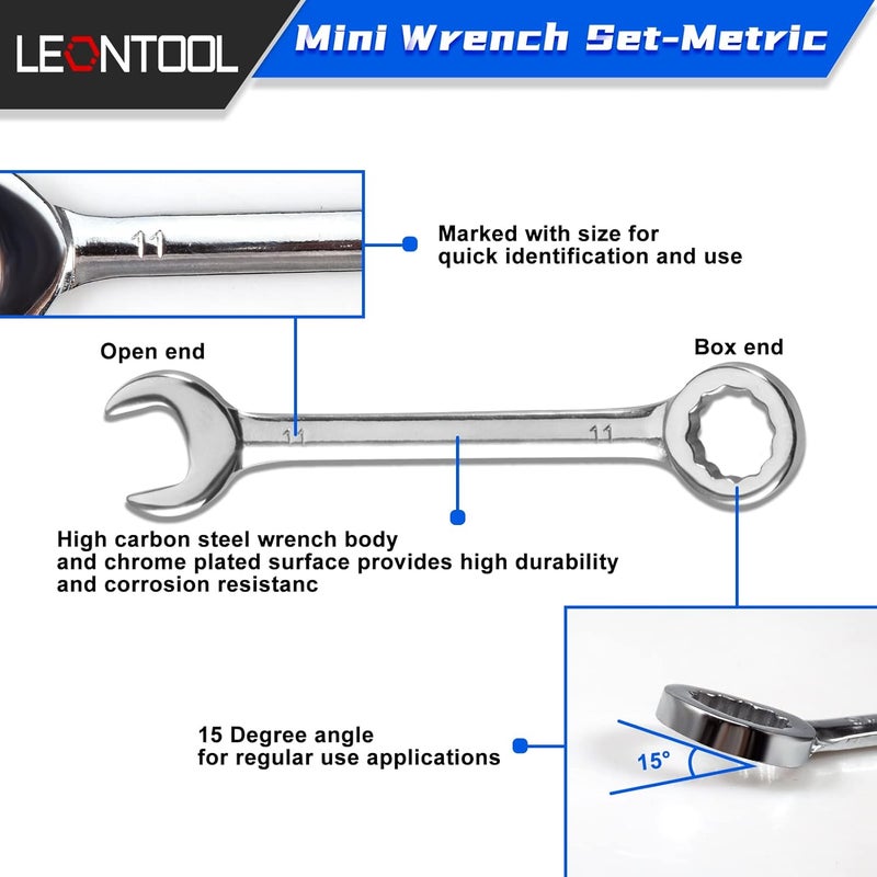 LEONTOOL Small Wrench Set Metric 10 Pcs 4mm To 11mm Open End And Box End Spanner Wrenches with Key Ring, Ignition Wrench Set Standard with Portable Storage Pouches - Image 2